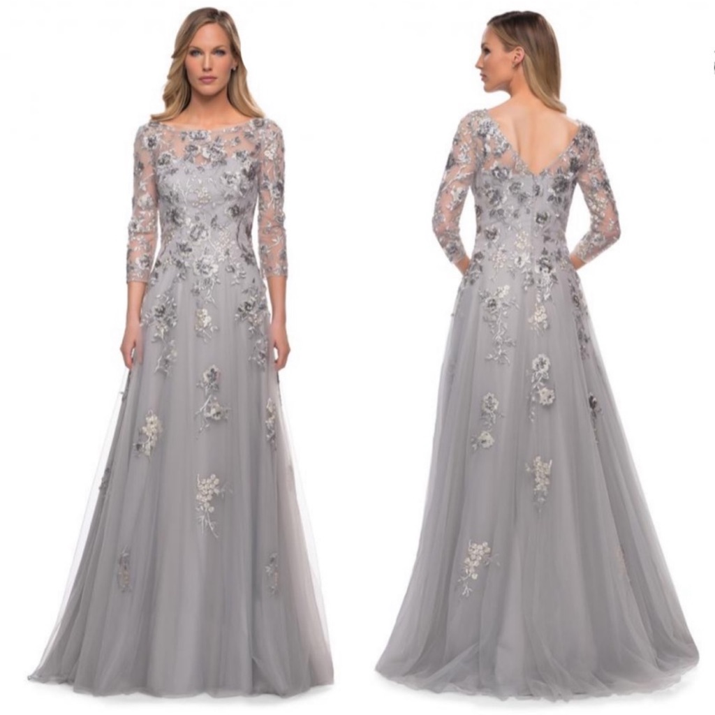 La Femme Beaded Lace Tulle A-Line Gown Maxi Dress 29825 In Silver Size 18